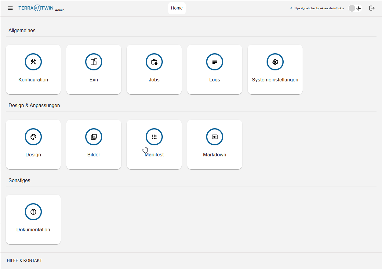 Startansicht des Admin Panels