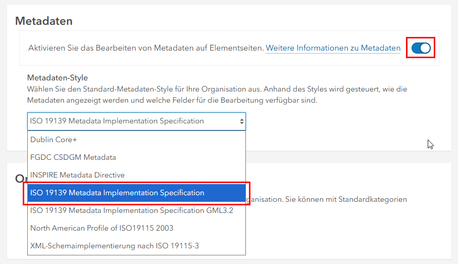 Aktivierung der Metadaten-Funktion im ArcGIS Enterprise oder ArcGIS Online
