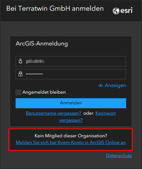Anmelden bei ArcGIS Online (außerhalb der Organisation)