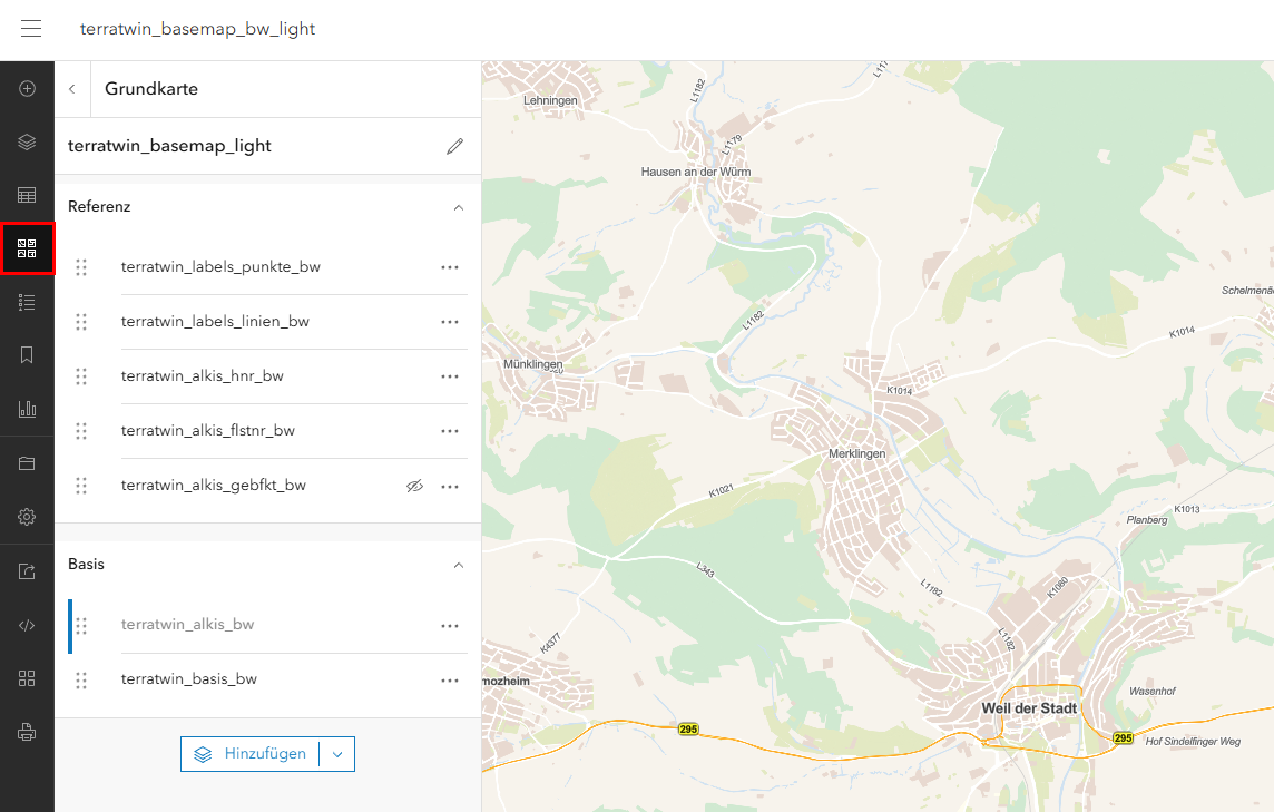 Ansicht der Basemap-Layer im MapViewer