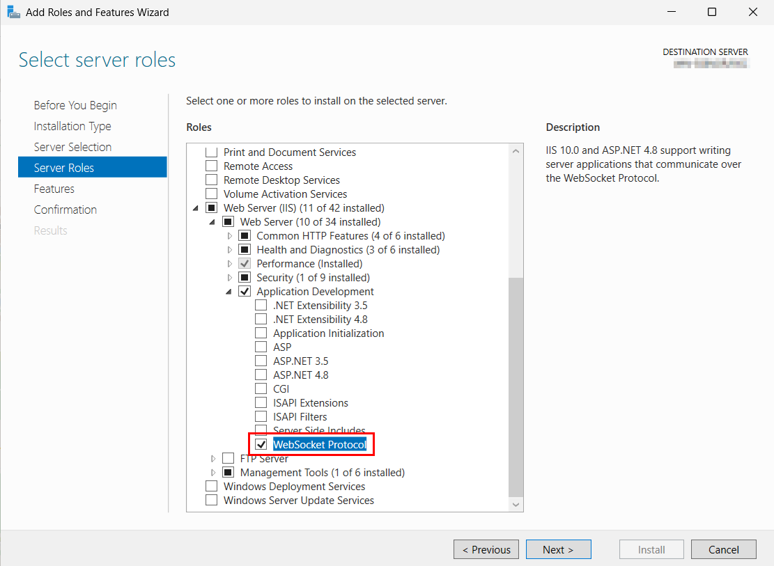 Aktivieren der Serverrolle WebSocket Protocol