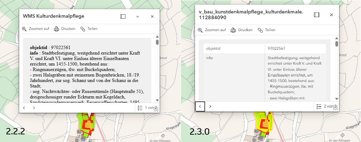 Vergleich der Popup-Darstellung eines WMS-Dienst zur vorherigen Version